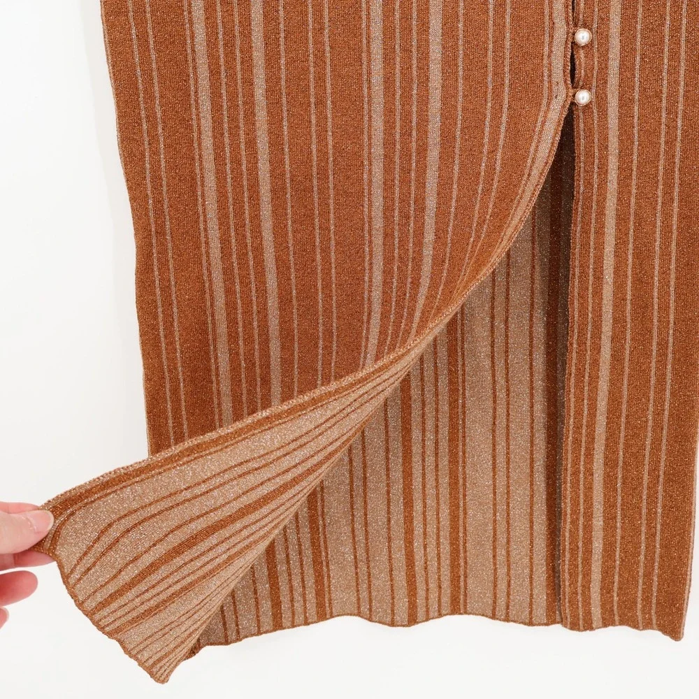 LPA Revolve Vance Midi Knit Skirt Metallic Stripe Bronze Gold Pearl Size‎ S
